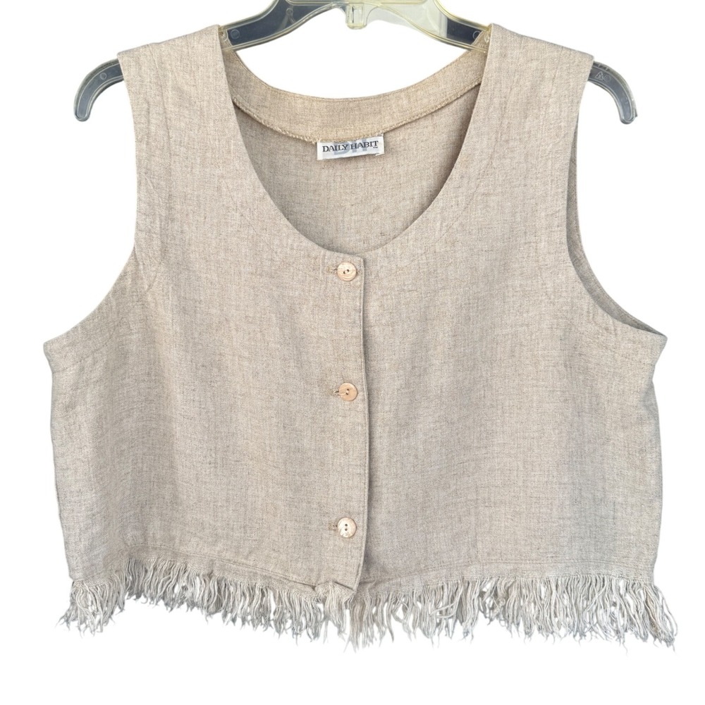 Daily Habit Fringe Vest Sleeveless‎ Linen Blend Hippe Boho Button Crop Top
